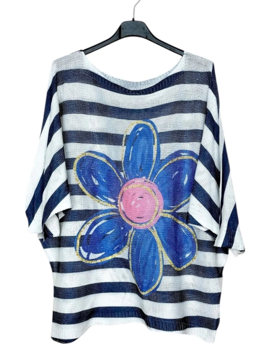MADE IN ITALY 🇮🇹 Striped Navy & White Floral Knit Top with Pink Accent